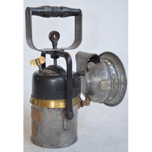 56 - Vintage carbide railway/miners hand lamp by The Premier Lamp & Engineering Co, Leeds. Small crack to... 