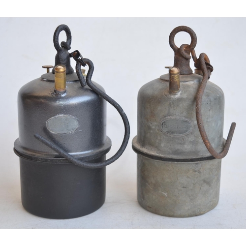 68 - Two vintage French Arras miners carbide lamps, both approx 21.5cm high with handles/hanging hooks ha... 