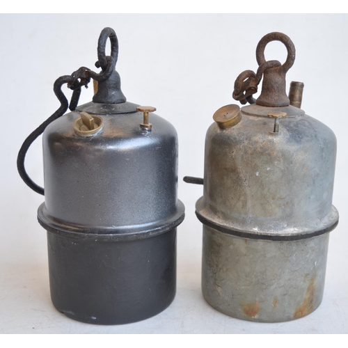 68 - Two vintage French Arras miners carbide lamps, both approx 21.5cm high with handles/hanging hooks ha... 