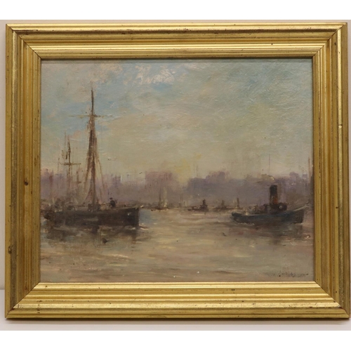 1281 - J. P. Thomas (British C20th); Pool of London, with steam and sail vessels, oil on board, signed and ... 