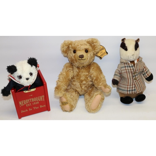 100 - Modern Merrythought soft toys: panda jack-in-the-box; badger from Wind in the Willows; and a blonde ... 