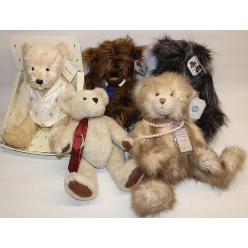 106 - Five modern collectable teddy bears, comprising 'Harrod's in Bloom' near in original packaging, thre... 