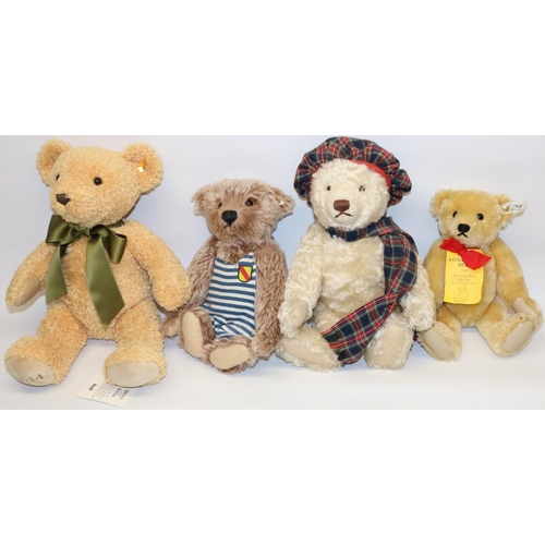 26 - Four Steiff teddy bears: Baden Baden bear in striped bathing suit, Scottish bear, Teddy Bear Museum ... 