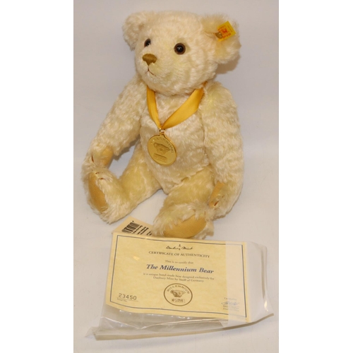 16 - Steiff Millennium Bear with gold medallion on yellow ribbon, with COA, H28cm