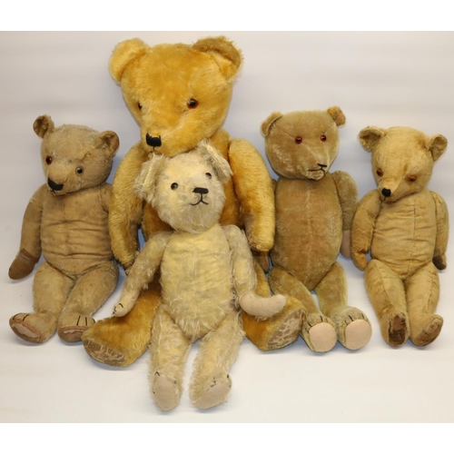 69 - Five mid C20th blonde mohair teddy bears, all with woolwork noses and felt pads, max. H71cm (5)