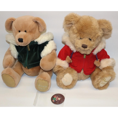 77 - Two Harrods teddy bears: Benjamin 2007 Christmas bear, and a 2001 edition bear in dark green jacket