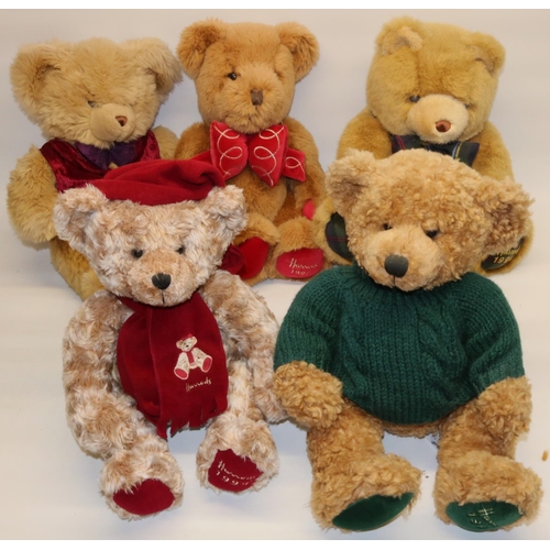 78 - Five Harrods teddy bears: 1996 Christmas bear in red waistcoat, and 1999/1997/1994/1998 edition bear... 