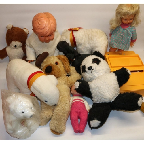 84 - Group of c1970s soft toys incl. three polar bears, dolls incl. an AM bisque head doll A/F and a Pali... 