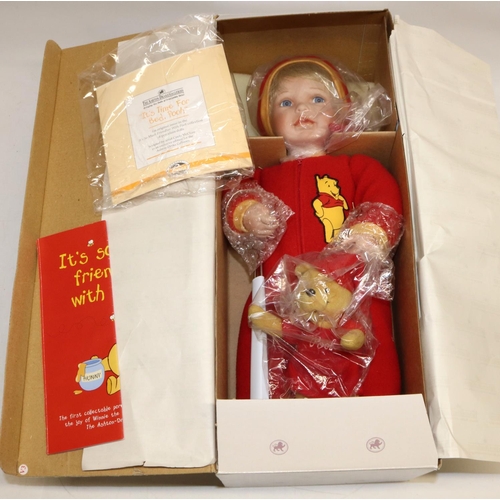 85 - Ashton-Drake Galleries: ten vintage style teddy bears, max. H19cm, and a doll with Winnie the Pooh o... 