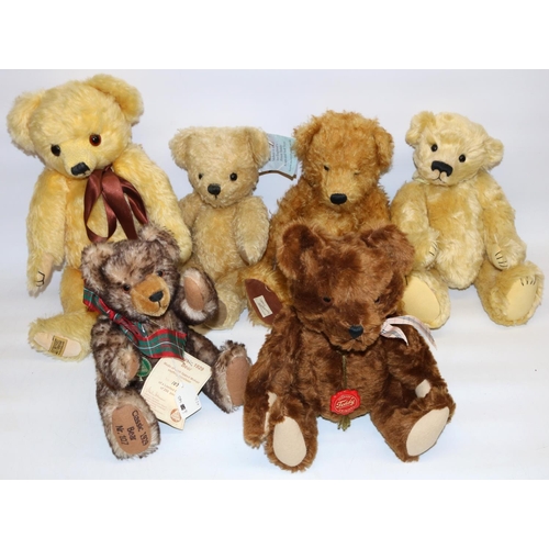 91 - Six modern collectable vintage style teddy bears, comprising Dean's Rag Book 'Bean Bag Bear', two He... 