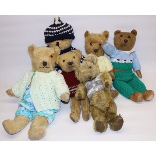 115 - Six early-mid C20th mohair teddy bears in knitted outfits, max. H48cm (6)