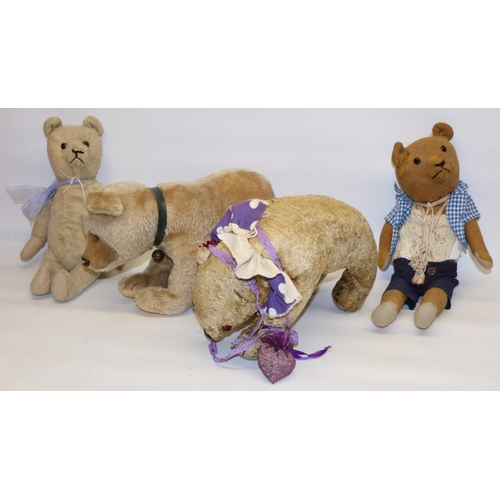 122 - Four 1920s/1930s and later teddy bears, incl. two on all fours, one Merrythought, max. H40cm (4)