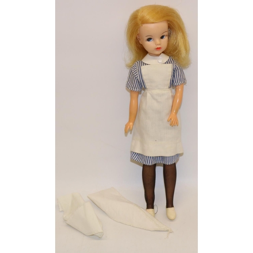 217 - Sindy; Sindy doll wearing 1963/4 'Emergency Ward', blonde, back of head stamped Made in Hong Kong