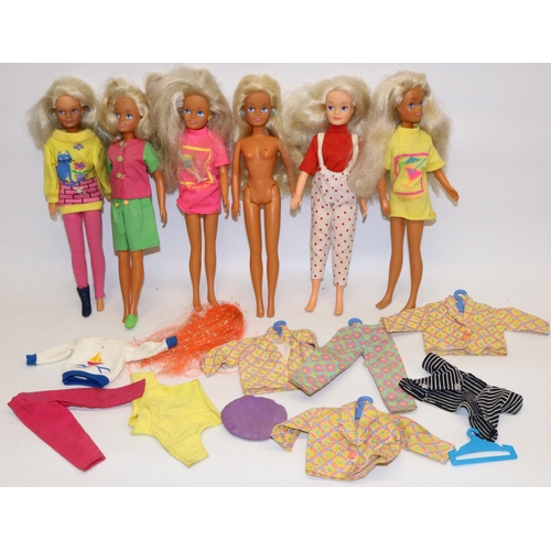 228 - Sindy; Six Hasbro Sindy dolls with extra clothing (6)