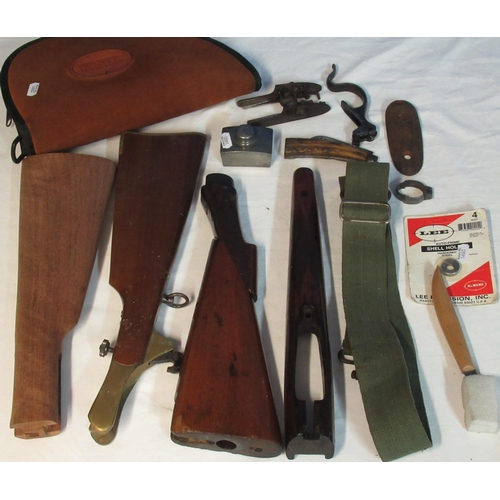 48 - Collection of shooting items inc. 3 wood stocks, fore end, oil bottle, trigger guard, hammers, etc.