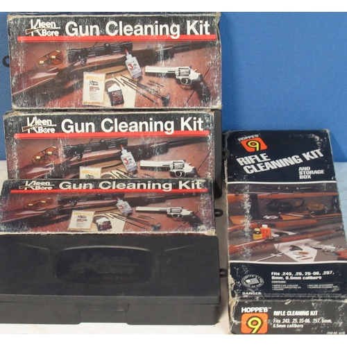 53 - Collection of four Kleen Bore gun cleaning kits, for all gauges and calibres, and a Hoppers rifle cl... 