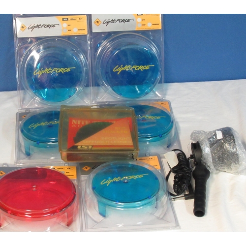 58 - Collection of  seven LightForce light filters, blue and red and a hand held Clulite lamp