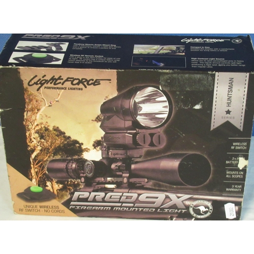 79 - Lightforce PRED9X firearm mounted light in own carry case, green and red filters and two rechargeabl... 