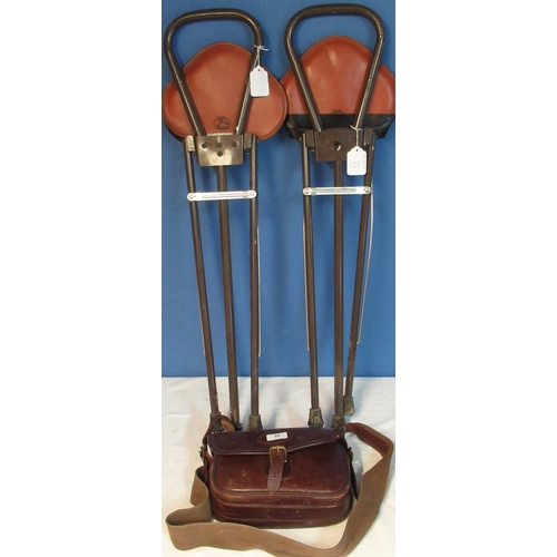 88 - Pair of Gamebird shooting stools and a leather cartridge bag with webbing shoulder strap