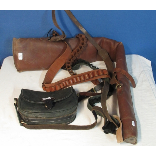 90 - Leather gun slip with fleece lining, large leather cartridge bag with leather strap and three leathe... 