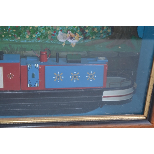 342 - Charming 3D narrowboat diorama effect composition, W59.2xH38.4xD14.7cm