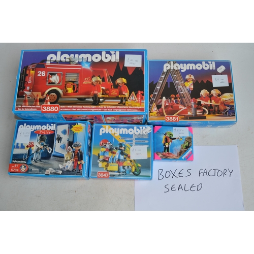 357 - Ten boxed Playmobil sets to include Fire, Police and Rescue services. 5 boxes opened but all set con... 