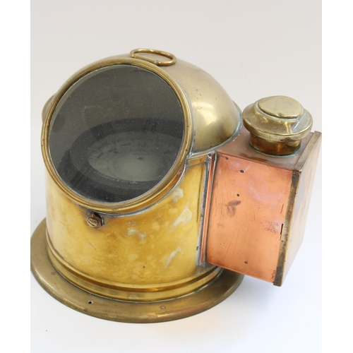 860 - Kelvin and Hughes Ltd Gimbal compass in brass binnacle case with side oil fed burner, H20cm