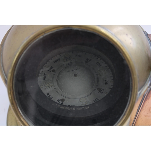 860 - Kelvin and Hughes Ltd Gimbal compass in brass binnacle case with side oil fed burner, H20cm