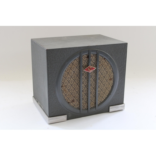 998 - c1930s Art Deco speaker, the grey metal case with chromed reeded foot and central enamel 'NC' badge ... 