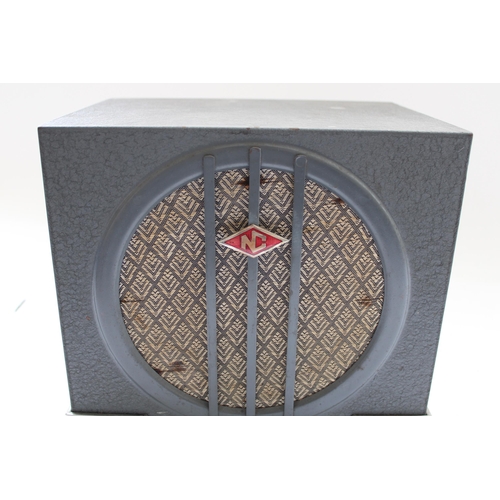 998 - c1930s Art Deco speaker, the grey metal case with chromed reeded foot and central enamel 'NC' badge ... 