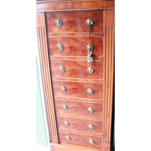 128 - Five gun cabinet incorporating shelving with single lock with yew wood cabinet draw front in good co... 