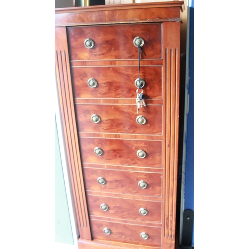 128 - Five gun cabinet incorporating shelving with single lock with yew wood cabinet draw front in good co... 