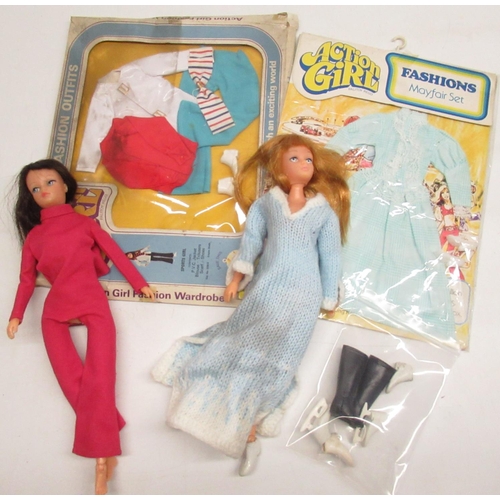 240 - Action Girl; two Palitoy Action Girls, with two boxed outfits 'Mayfair Set' and 'Sports Girl' and ot... 