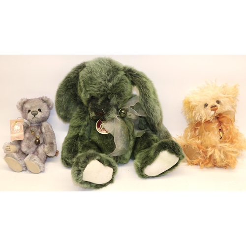 144 - Charlie Bears: Clover rabbit CB131378; and two Minimo teddy bears: Yorkshire Pud, and Pebble, max. H... 