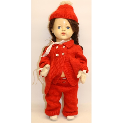 275 - Mid C20th Palitoy Walking doll 'Saucy Walker', head stamped Palitoy, wearing a knitted red outfit, m... 