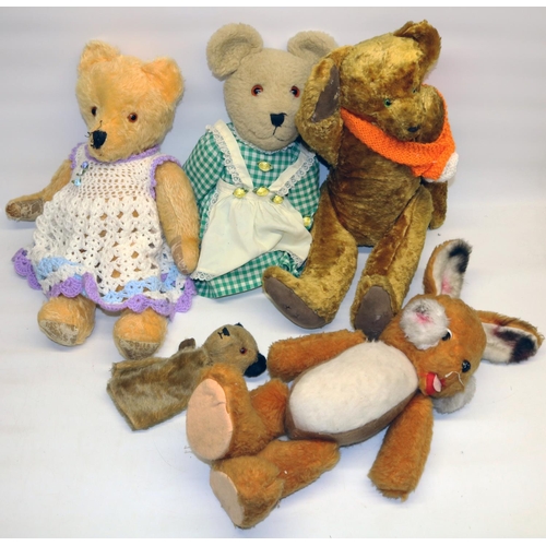 194 - Three mid-late C20th teddy bears, Sooty hand puppet, and a soft toy rabbit c1970s (5)