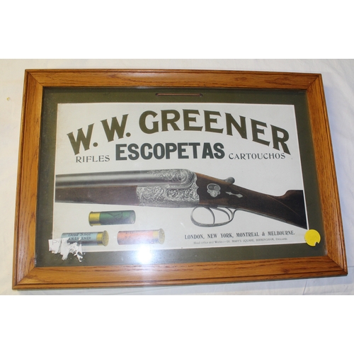 136 - Framed advertisement poster for W.W Greener Rifles Escopetas Cartouchos 49cm x 34cm