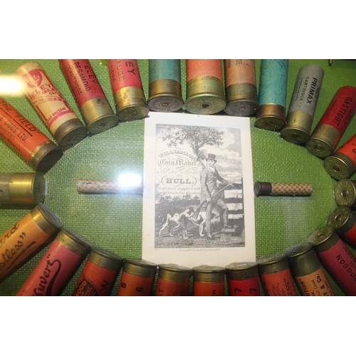 138 - Large framed wall mounted shotgun cartridge display board including Gowers, Purdy, Imperial, Eley ga... 