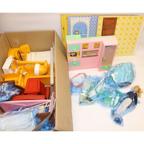 244 - Sindy; 1975 scene setter, and a large quantity of Sindy furniture including yellow bathroom, red arm... 