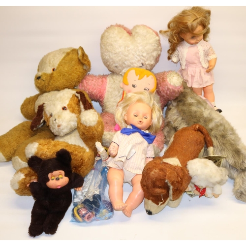 83 - Collection of soft toys and dolls c1970s, incl. a Merrythought basset hound, Wurzel Gummidge Aunt Sa... 