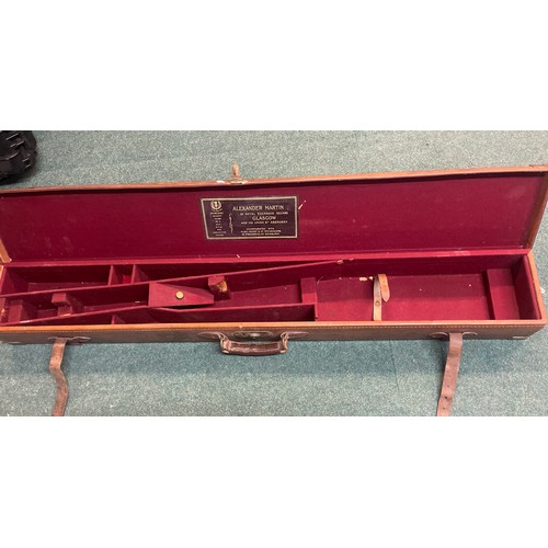 158 - Quality leather gun case with Alexander Martin of Glasgow label, brass corners and double strap 136c... 