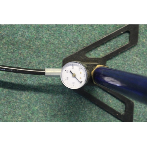 164 - Webley air gun stirrup pump with fittings and pressure gauge.