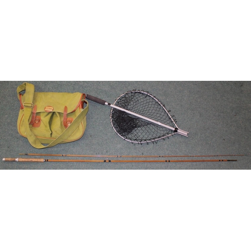 168 - Quality 9ft split cane fly rod by Constable of Bromley. Shakespeare fishing bag. Folding landing net