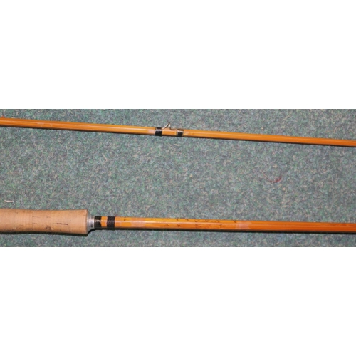 168 - Quality 9ft split cane fly rod by Constable of Bromley. Shakespeare fishing bag. Folding landing net