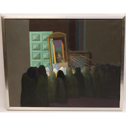 1286 - John Picking (b.1939); 'Procession Leaving Church' oil on canvas, dated 1972 40cm x 50cm exhibited a... 