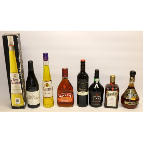 Liquore Galliano 700ml, Galliano 500ml, Glayva 70cl, Cointreau 0.7ltr, Irish Mist 700ml, M & S Vintage Character Port 75cl, The Boundaries Grenache 2013 75cl and Chateauneuf-du-Pape 2009 750ml.