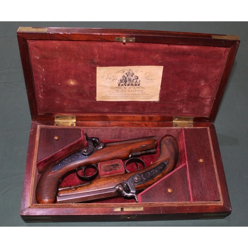 238A - Pair of Durs Egg fine English percussion pistols circa 1748 - 1831 in quality brass cornered velvet ... 