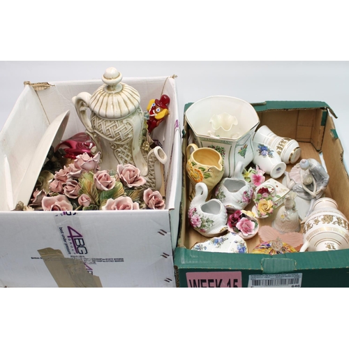 1403 - Selection of ceramics and glassware incl. Belleek vase, Capodimonte, Lladro bell etc. (2 boxes)