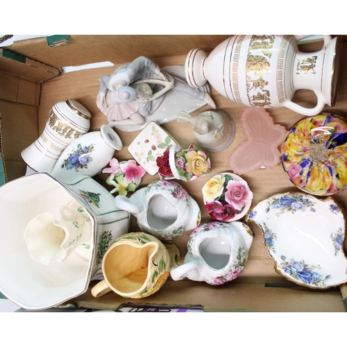 1403 - Selection of ceramics and glassware incl. Belleek vase, Capodimonte, Lladro bell etc. (2 boxes)