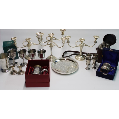 1404 - Silver plated candelabra, tankards, goblets and other metalware (qty)